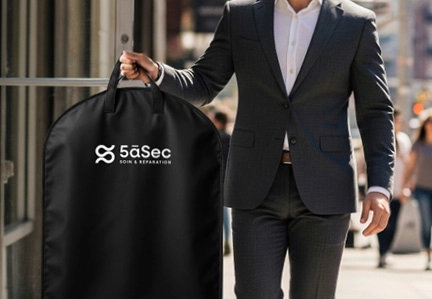 Homme qui tient une housse de protection d'un costume 5àSec